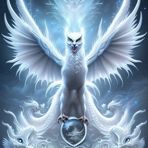 a detailed illustration of a white dragon with owl-like head, a white dragon with white owl head, realistic, detailed, dragon with fairy-like transparent glowing and sparkly wings standing in snow, silver lightning to the edges of the wings, glowing soft and smooth wings, fantasy art, highly detailed, intricate patterns on wings, shiny snowy background, soft studio lighting, foggy shiny smooth background, unreal engine, 64k