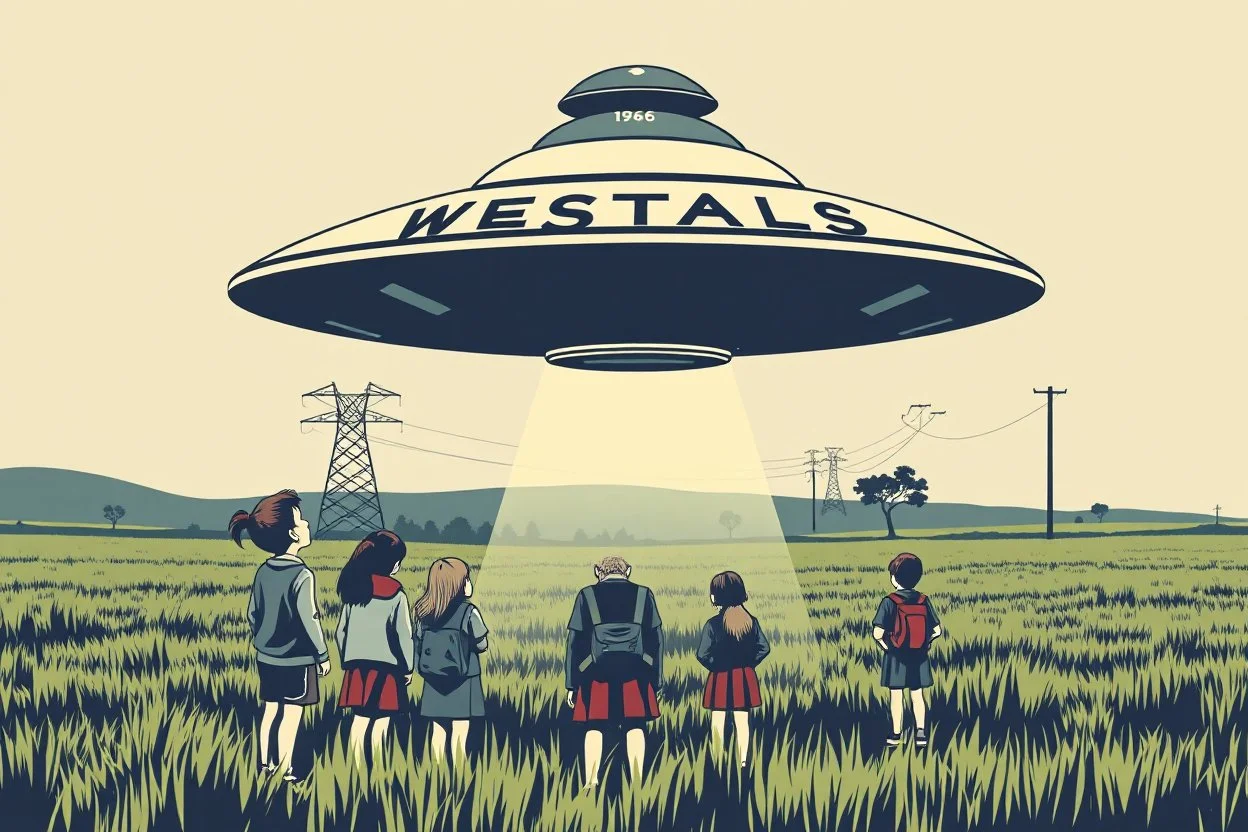 bumper sticker design, large flat ufo with small cap on top, in bold heading text "WESTALL 1966", lots of school children looking up in a field with high voltage powerline and gumtree's, mysterious cool, bold