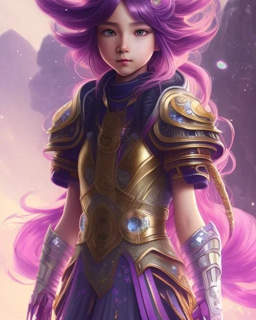 Detailed anime child girl, purple hair, purple dragon scale armour, intricate details, full body portrait, keep head in frame, slight smile, black Japanese motif, concept art, highly detailed, digital painting, concept art, sharp focus, illustration, art by Yoji Shinkawa, WLOP and greg rutkowski and alphonse mucha and artgerm and yanjun Chen and Junji ito and Makoto Shinkai, HDR, octane render