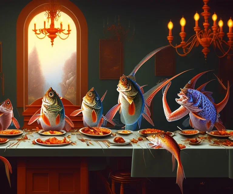 supper, fish sit at the table and eat pieces of people.