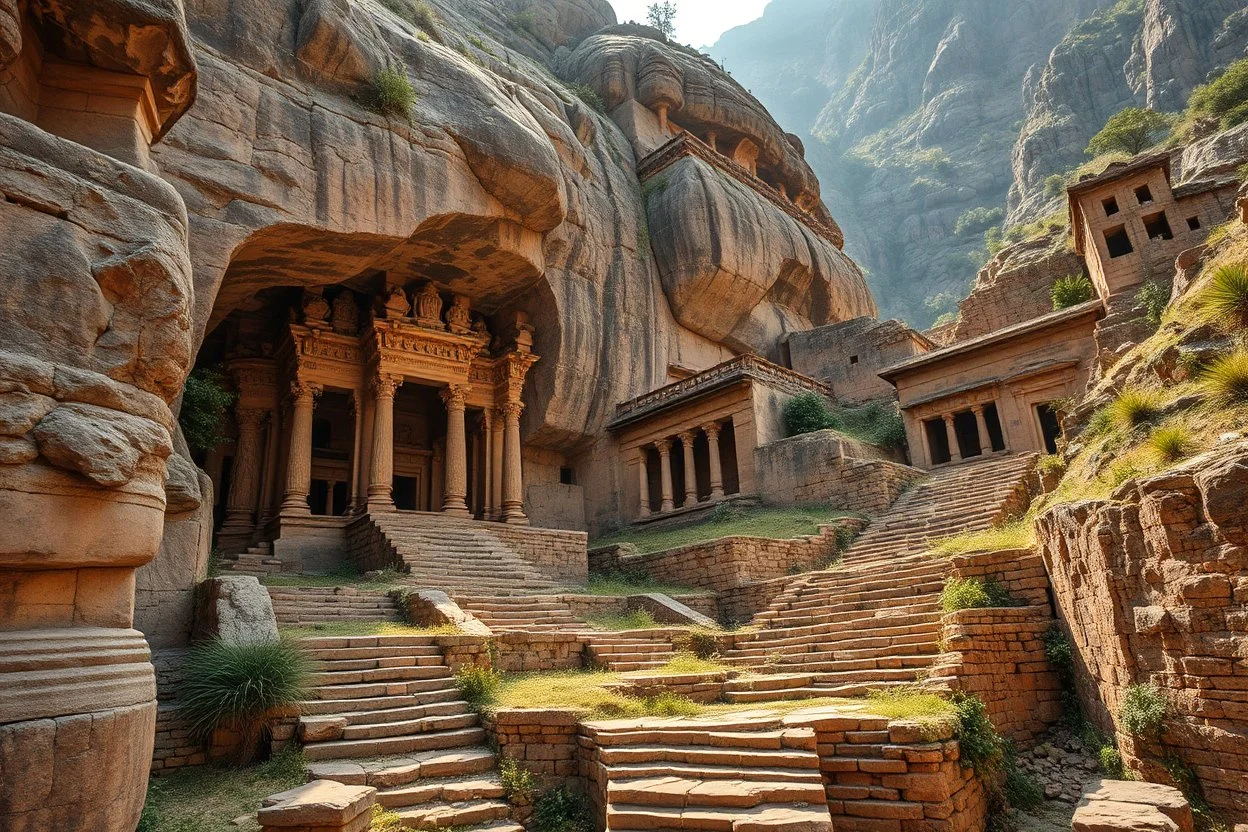 Ultra realistic archaeological photography of a forgotten ancient city hidden deep in the mountains, enormous stone temples, intricate carvings, weathered stairways, realistic ancient architecture partially reclaimed by nature, authentic archaeological atmosphere, soft morning light, documentary style, National Geographic photography, shot on Canon EOS R5, 24mm lens, f/8, ISO 100, RAW photo, HDR, natural lighting, true-to-life colors, professional documentary photography, ultra photorealistic, h