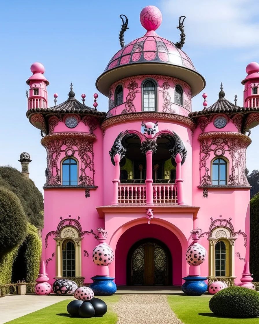 A pink spider mansion with magical gas designed in Matryoshka dolls painted by Pablo Picasso