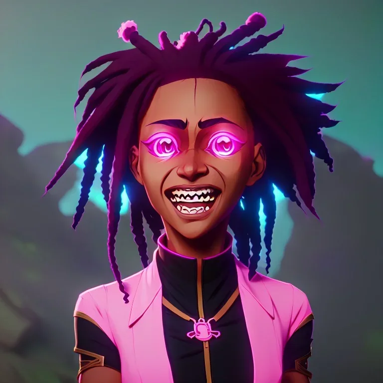 Ekari is a black girl with dreadlock hair big neon pink eyes smiling happy face