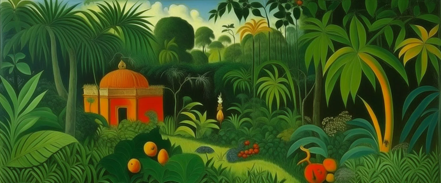 Ruins in a green jungle filled with fruit painted by Henri Rousseau