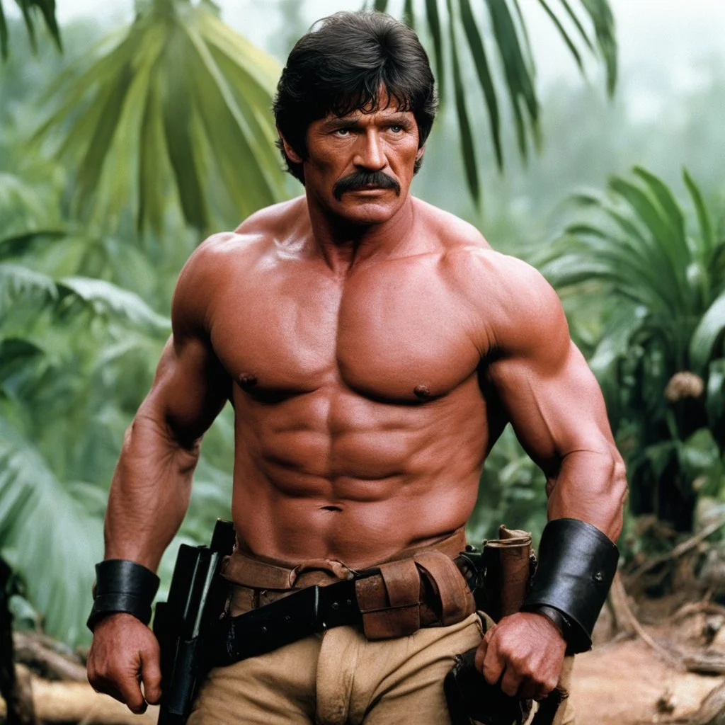 [in the jungle] Charles Bronson, ready to fight, in dust, rust and blood, his chest is covered with cartridge belts, he fights giant bananas