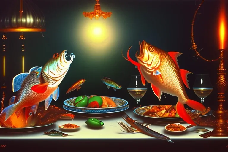 supper, fish sit at the table and eat pieces of people.