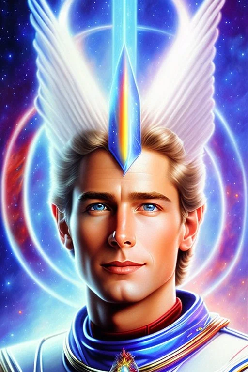 cosmic young man from the future, one fine whole face, large cosmic forehead, crystalline skin, expressive blue eyes, blue hair, smiling lips, very nice smile, costume pleiadian,rainbow ufo Beautiful tall pleiadian Galactic commander, ship, perfect datailed golden galactic suit, high rank, long purple hair, hand whit five perfect detailed finger, amazing big green eyes, smilling mouth, high drfinition lips, cosmic happiness, bright colors, blue, pink, gold, jewels, realistic, real