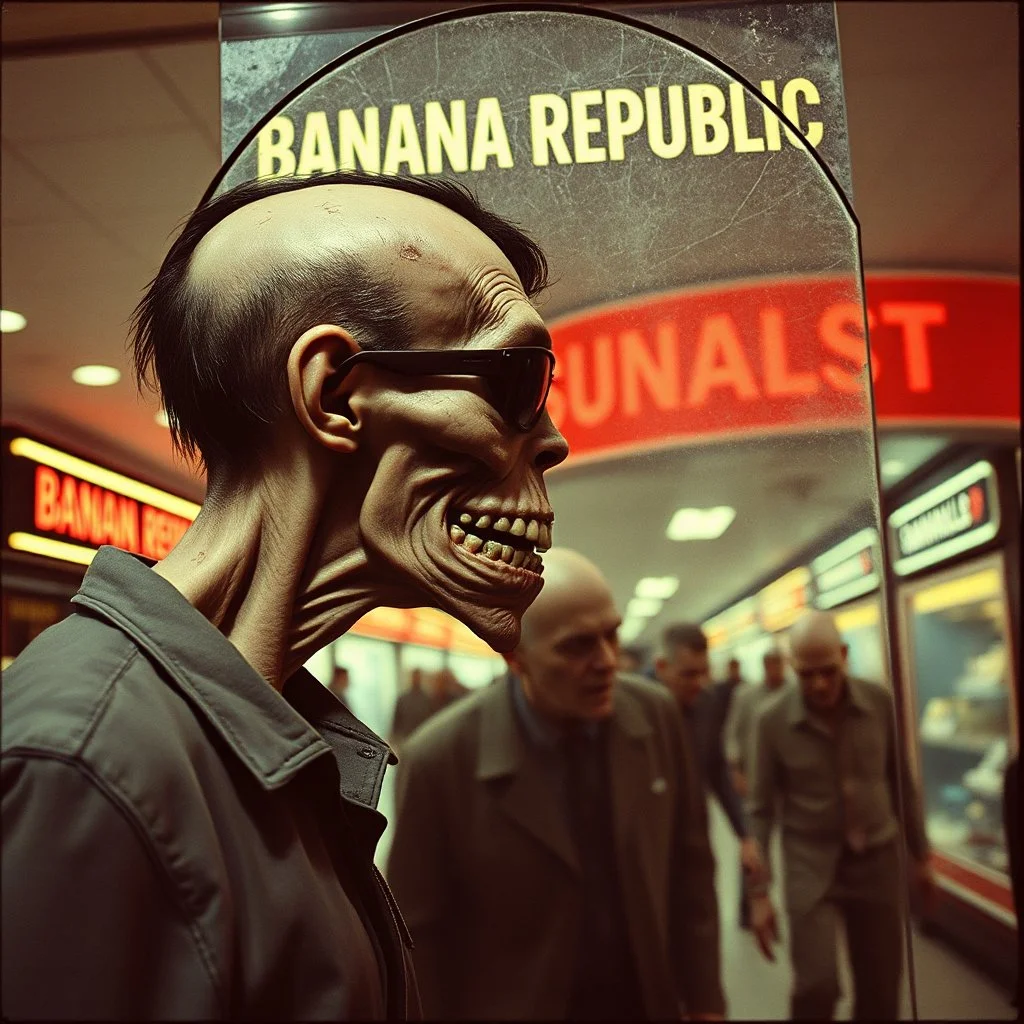 long shot profile shambolic zombie with face sores and a slack jaw in an 1980's dystopian poorly lit mall at a sunglasses kiosk who is looking into a cracked stained mirror with sunglasses on, grainy color photography, "BANANA REPUBLIC" Sunglasses Hut kiosk, other zombies stumbling around aimlessly in background