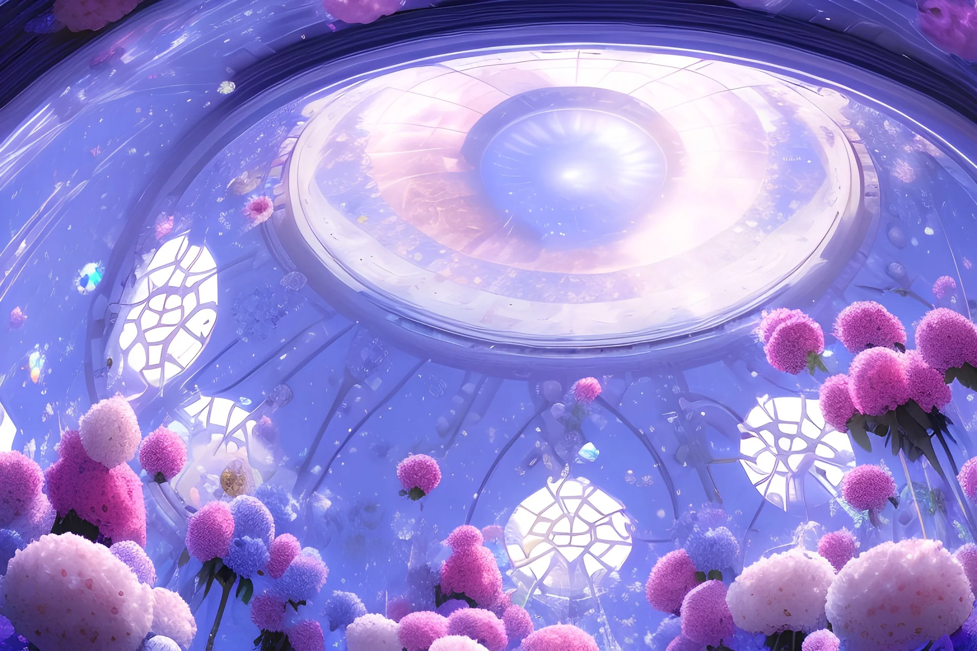 sous un grand dome de cristal, vue extérieure d'un palais blanc et de dômes transparents en cristal avec architecture épurée futuriste dans un vent de fleurs cosmiques (((sous une grande coupole de cristal))), ciel bleu, +++ beaucoup de fines fleurs subtiles blanches +++roses ++ bleues non alignées belle luminosité 8K