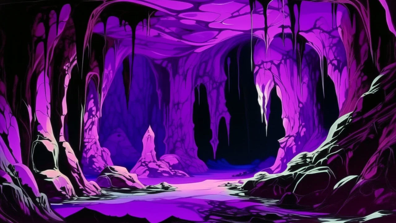 A purple haunted gemstone cavern painted by Andy Warhol