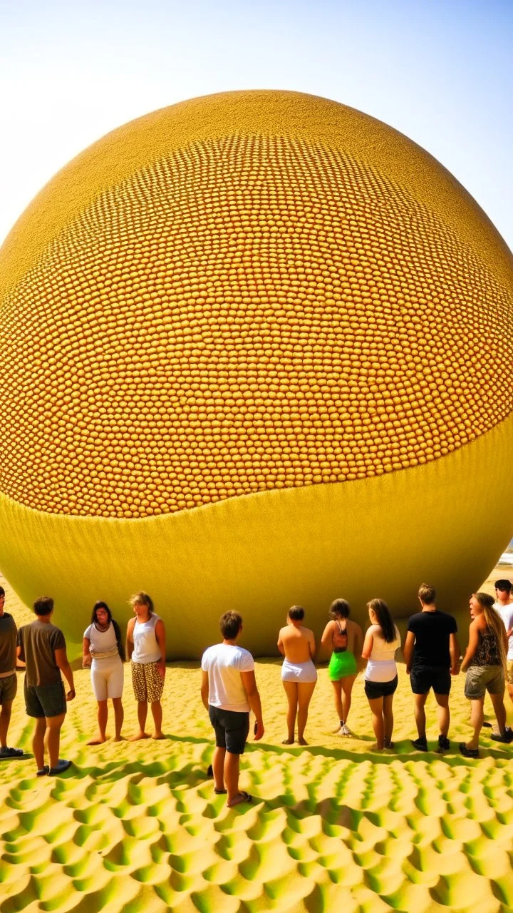 Giant sphere made of sand , people gathering to look