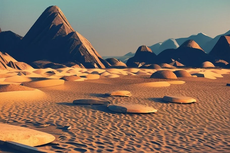 Modern city, people, mountains, sand, rocks