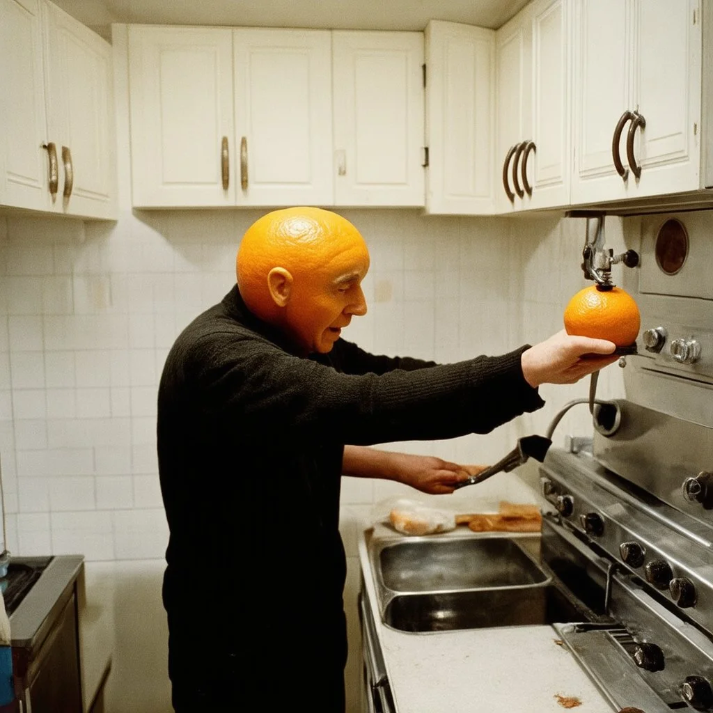 Vintage situational absurd photograph of a man with an Orange for a head pulling a lever on a strange retro-futurist kitchen contraption, by Joel-Peter Witkin, absurd, weird, 8MM film still that looks aged and damaged