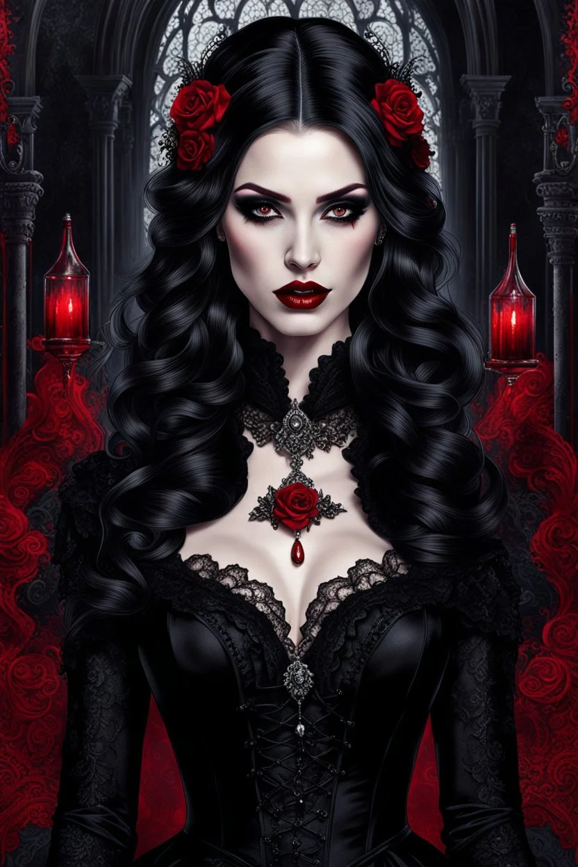 A captivating, high-resolution image of a stunningly elegant vampire woman exuding both beauty and danger. Dressed in exquisite black gothic clothing adorned with intricate details and black lace, on her dress red blood stains adding a dramatic effect. Her pale skin contrasts sharply with her dark attire, and her long, dark hair cascades down her shoulders. Holding a glass of red wine, she radiates an air of mystery. The background is dark and enigmatic, with soft, realistic lighting casting sha