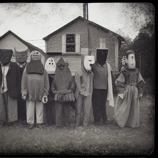 Creepy old photo, folk town strange masks