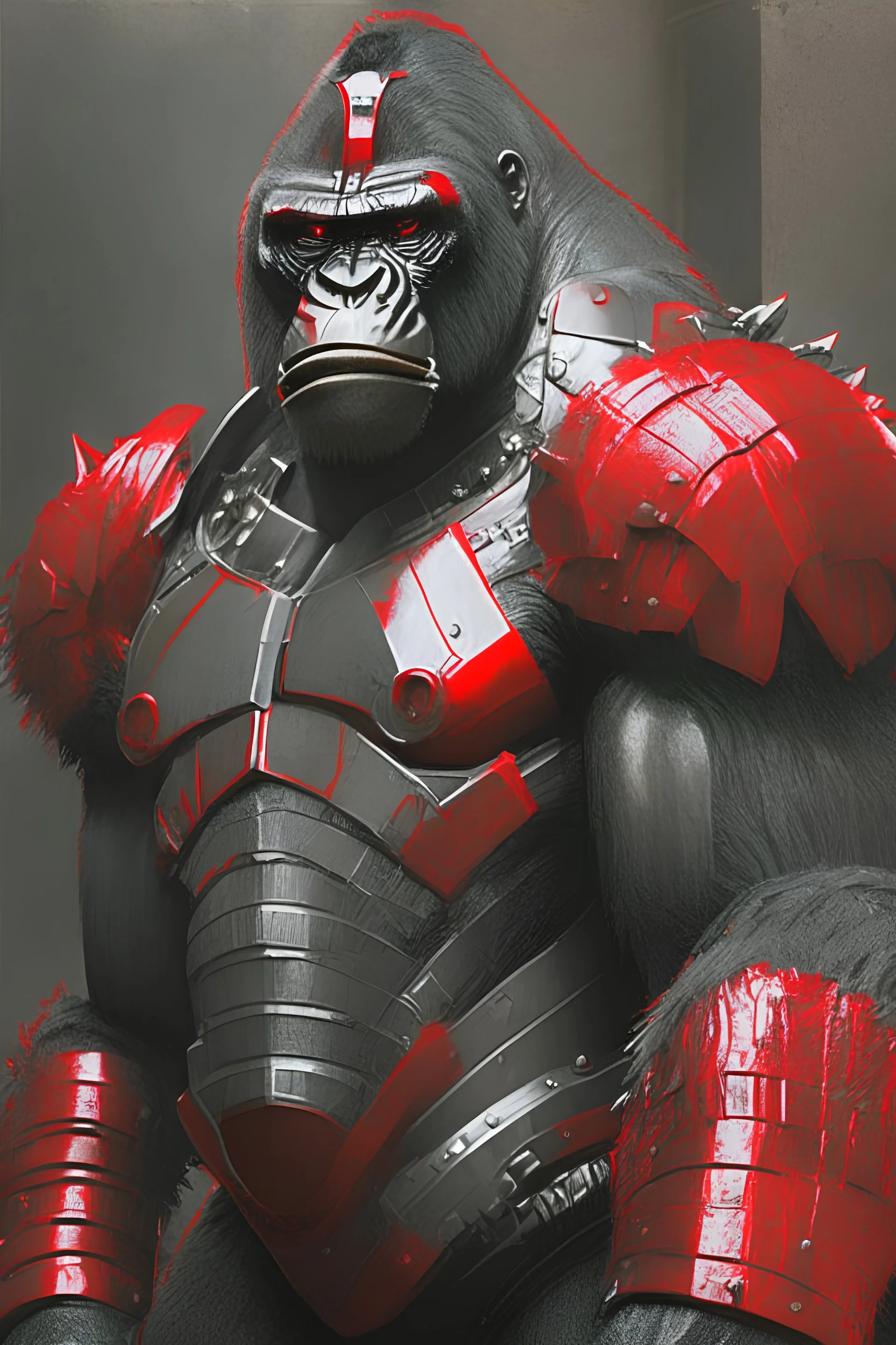 un gorilla con armadura de acero rojo y negro