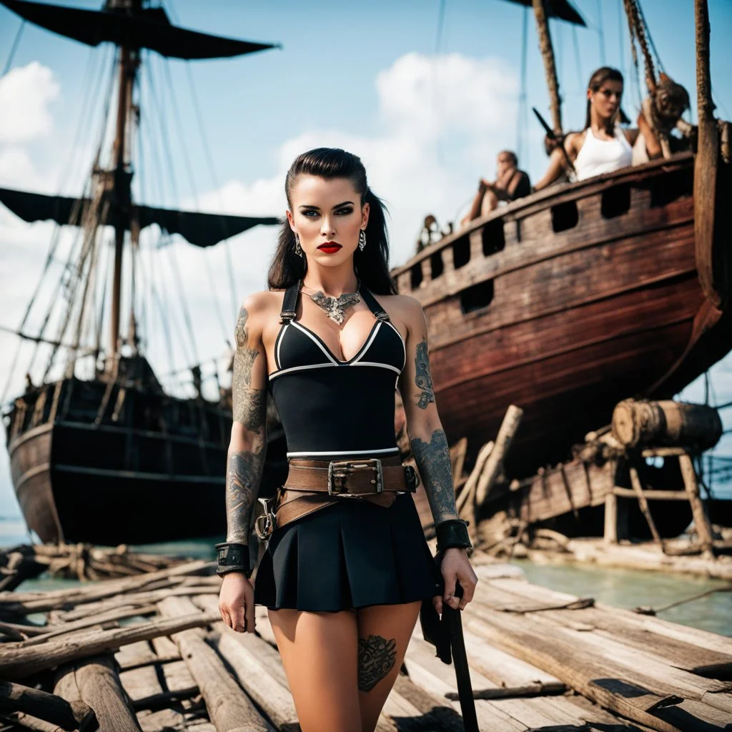 (bokeh photo by Helmut Newton) a beautiful 23 year old glamour model college cheerleader with evil tattoos wearing a harness and military arm braces, posing with a gigantic devil weapon on an old pirate ship made of rotting wood in the Caribbean