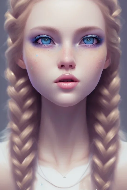 20 year old girl, cute, beautiful, blonde hair, one loose braid on left side, blue eyes, big eyes, pale skin, blue dress, ice dress, long eyelashes, pink lipstick, thin lips, small nose, semirealistic, 8k resolution concept art portrait