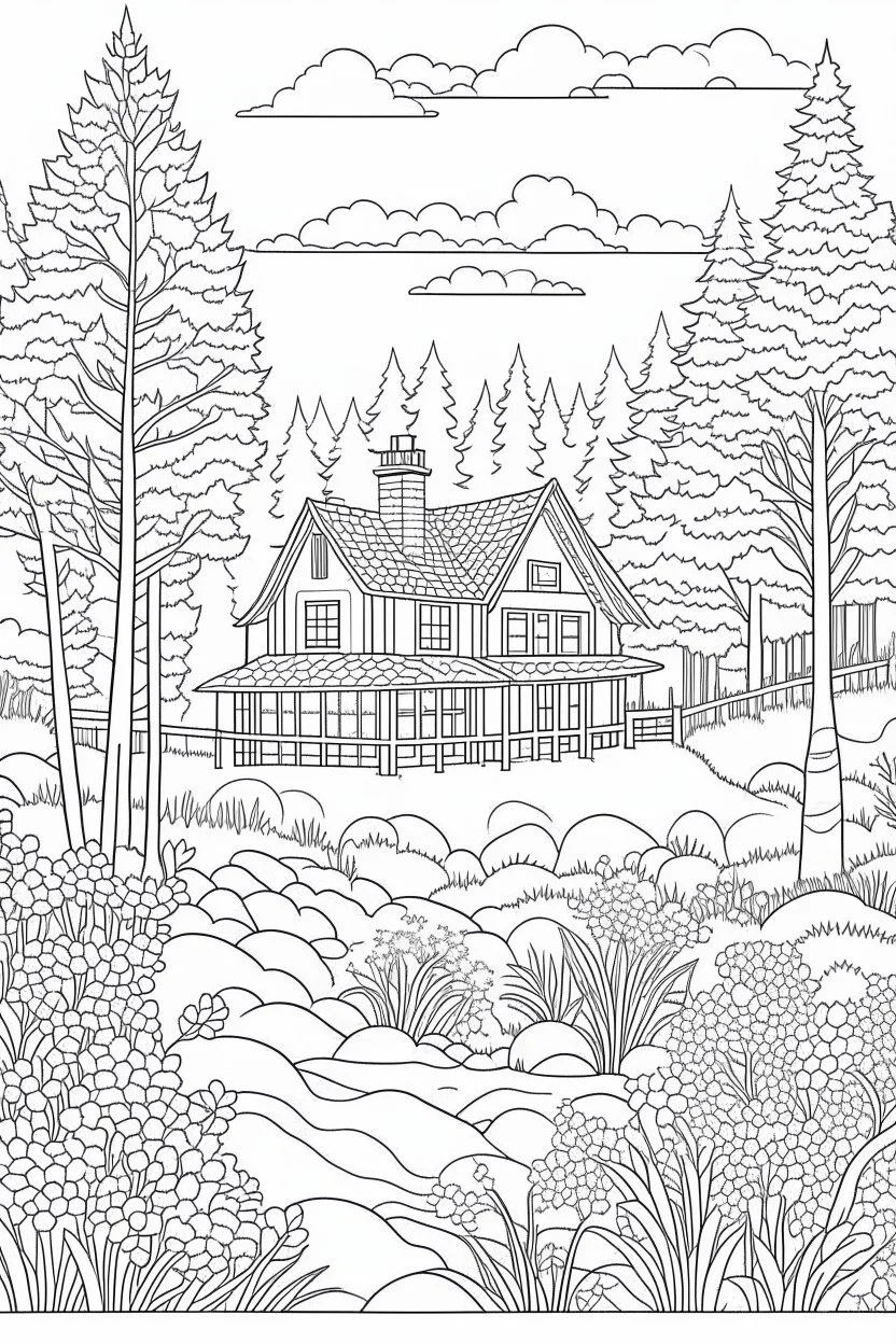 coloring page, woodland retreat, full view, realistic, coloring page, only draw lines, coloring book, clean line art, –no sketch, color, –ar 3:4, white background, minimalistic black lines, minimal black color, low level black colors, coloring page, avoid thick black colors, thin black line art, avoid colors, perfect shape, perfect clear lines,