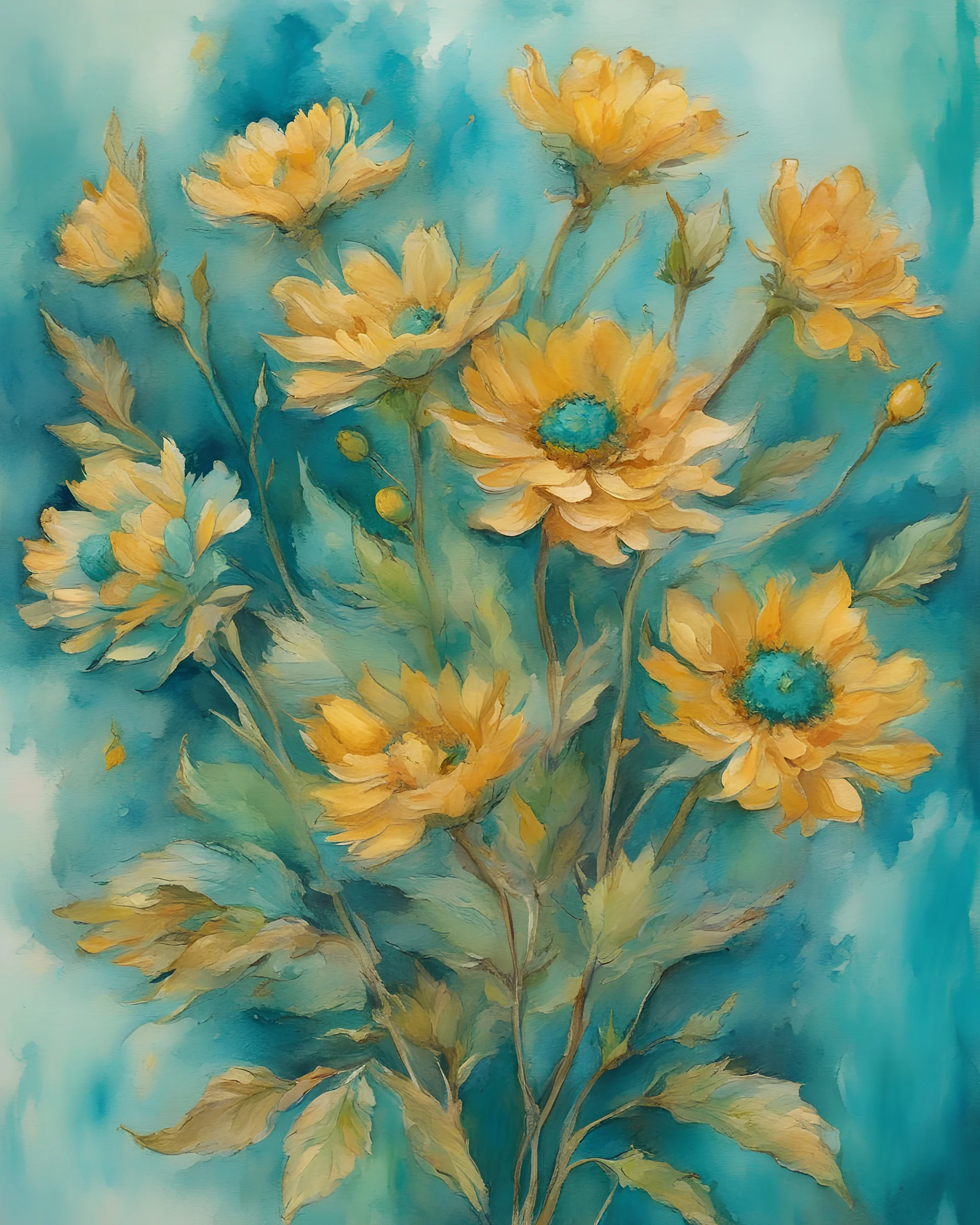 turquoise, green and gold flower van Gough water color