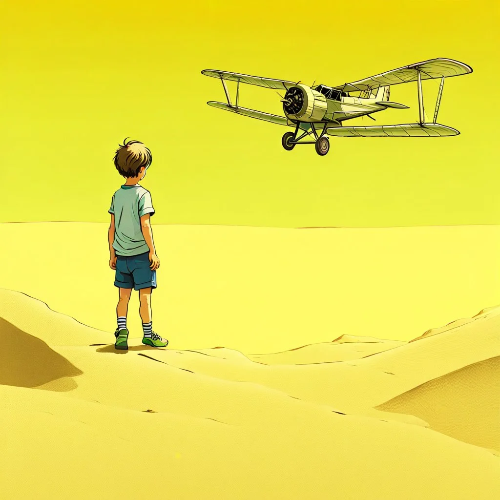 A 6-year-old boy in shorts with leeks, three-quarter socks, standing with his hands behind his back and looking at a large painting that hangs on the wall of the museum of the little prince standing on dune sand in the desert near the wreckage of a biplane and reaching out to him with a hand that comes out of the picture, a hyper-realistic picture