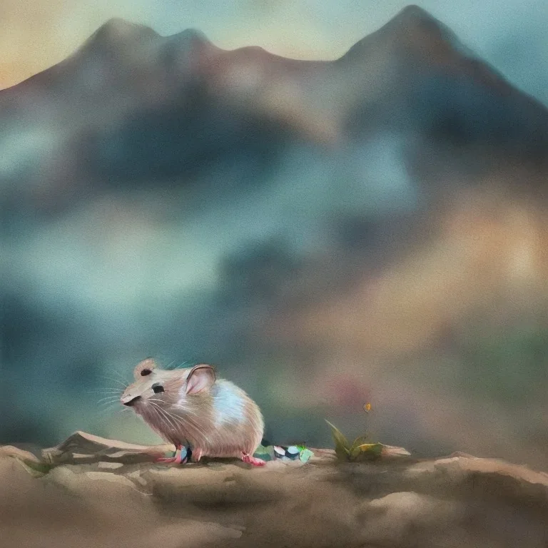 white Field mouse mountains drinking water at sunrise water color vibrant cute