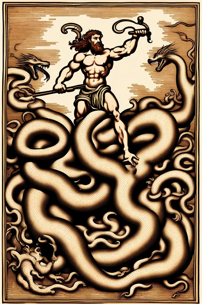 Hercules fighting the hydra in the style of alchemical art