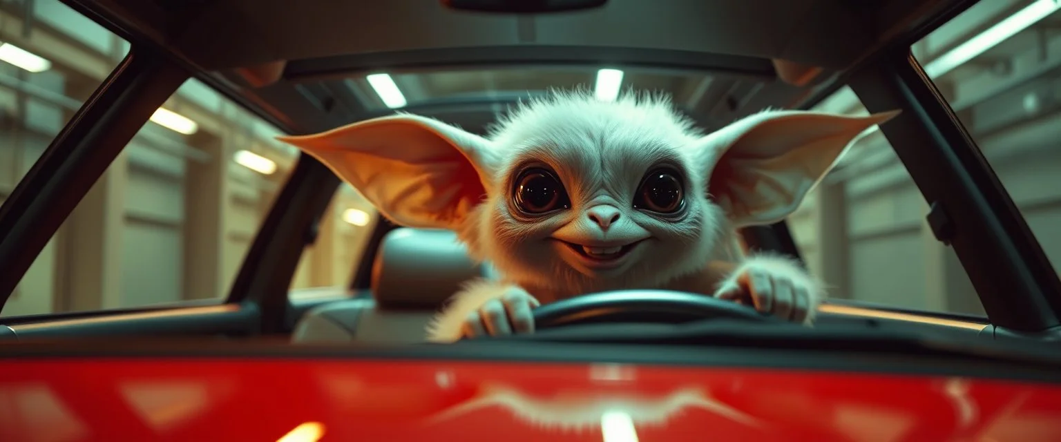 car driving happy fluffy reflective alien sloth gremlin woman in the style of Escher and Giger and Fallout 4, pinhole cam, airbrush 3d rendering, on tv screen:A five-second cinematic single take in a clean industrial presentation hall.