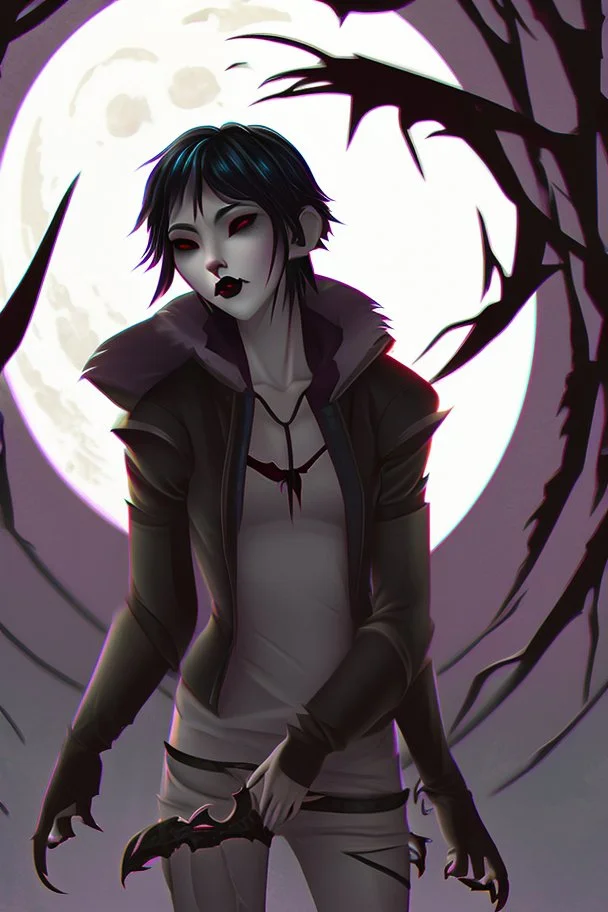 vampire girl showing fangs with short cropped cyberpunk hair wandering with her wolf in tangled forest in the moonlight