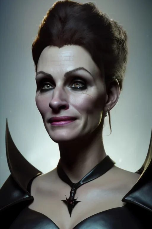 Julia Roberts as evil queen in black leather gown, evil, busty, cleavage, curvy, angry, stern look. character design by cory loftis, fenghua zhong, ryohei hase, ismail inceoglu and ruan jia. unreal engine 5, artistic lighting, highly detailed, photorealistic, fantasy