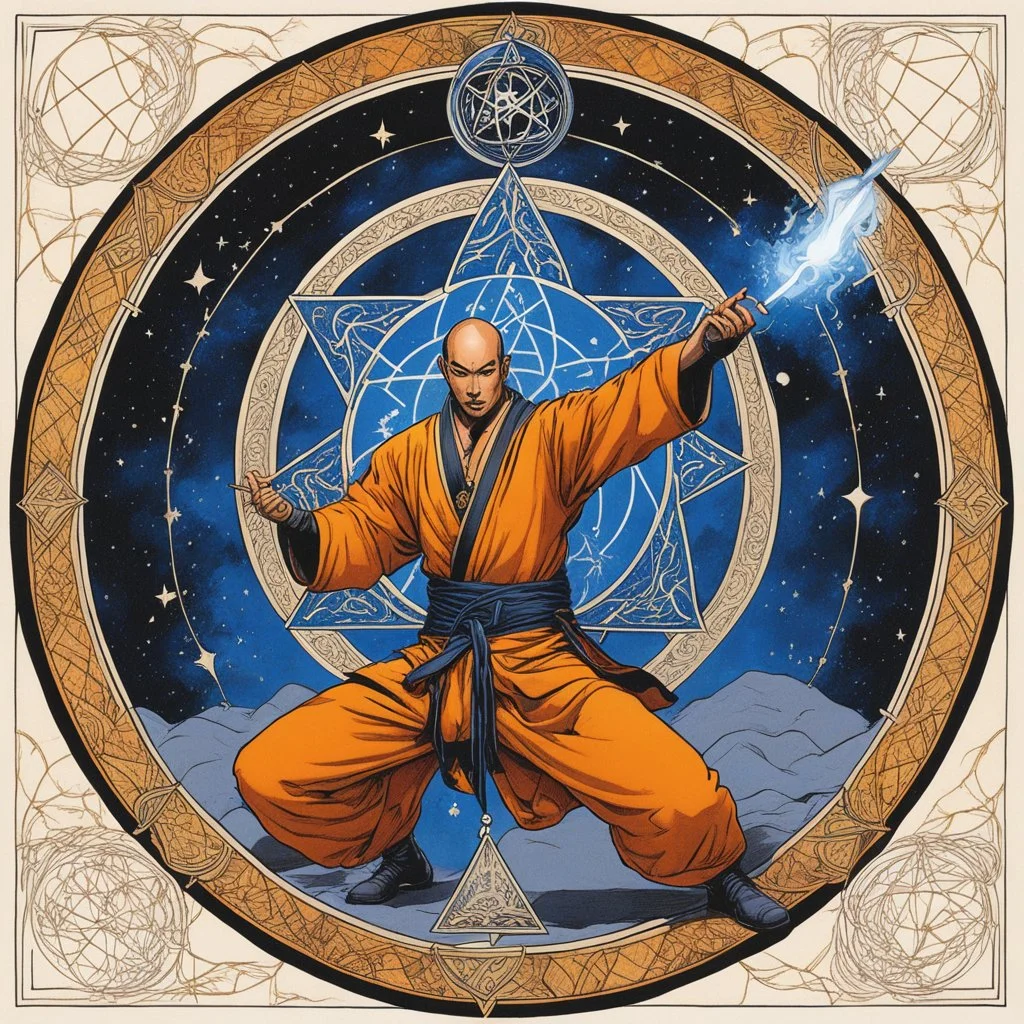 (in the style of Orion, by Masamune Shirow) a Shaolin monk casting a magic spell in the middle of a pentacle, magic is in the air