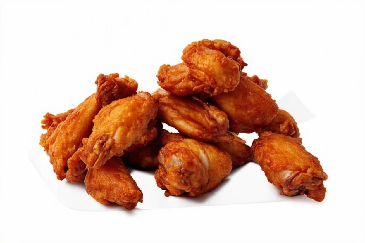 A cinematic shot of a full plate of Southern fried chicken wings. The wings are golden brown and crispy, with a few stacked on top of each other and the rest scattered across the plate. The background is a plain white surface. The lighting is warm and inviting.