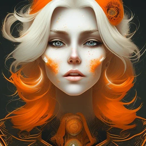 fantasy setting, woman, orange and white hair, wavy hair, freckles, ranger, more orange hair, more white hair,