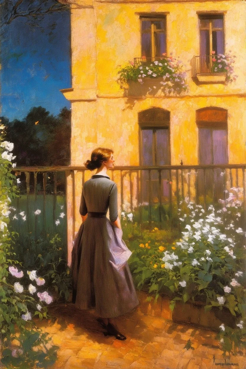 Night, vegetations, flowers, one woman looking at a distant house, mistery, gothic horror films influence, gustave caillebotte, and gustave moreau paintings