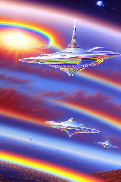 Very beautiful ufo rainbow futurist, intergalactic, mother ship, ashtar command, interdimensionnal