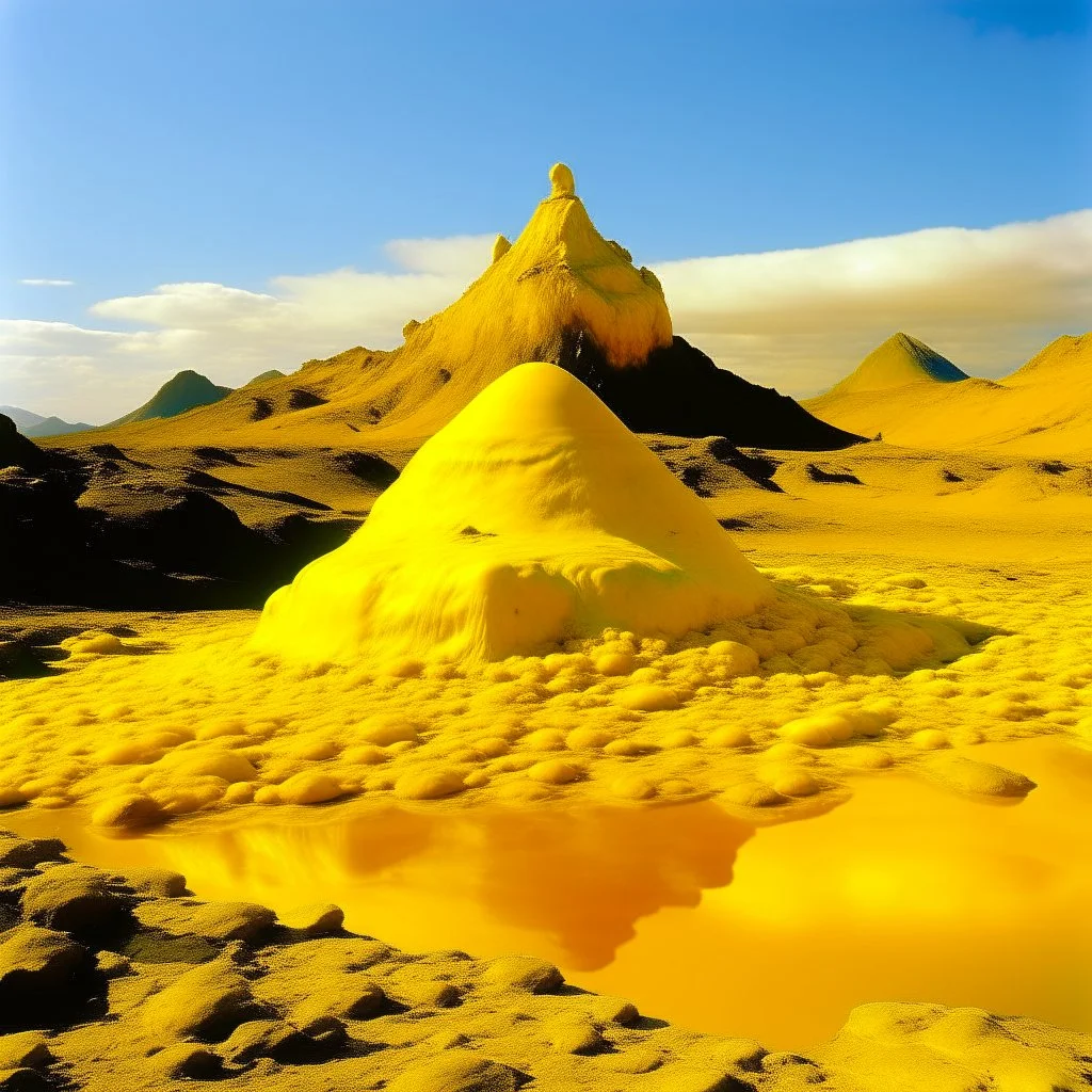 A golden yellow mountain with acid pools designed in ancient Egyptian pottery painted by Salvador Dali