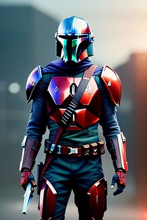 Mandalorian anime warrior, portrait from waist up, intricate eyeliner, vibrant eyeshadow, clear completion, soft lighting, 4k resolution, intricate details, insanely detailed, colorful cityscape background, masterpiece, expert, cinematic smooth, retroanime style, realistic details, no helmet