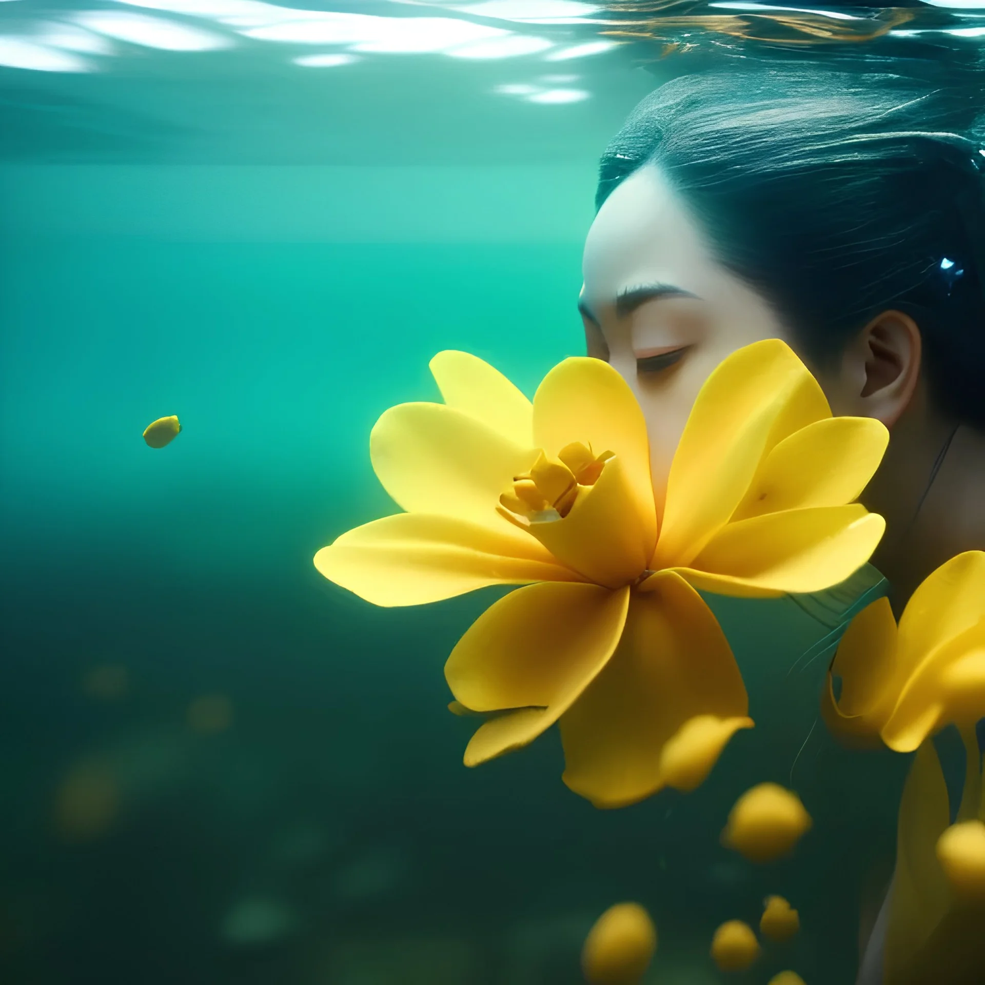 Yui underwater with yellow flowers for hair, closed eyes, rtx, reflection, 8k, glow, winning photography, caustics