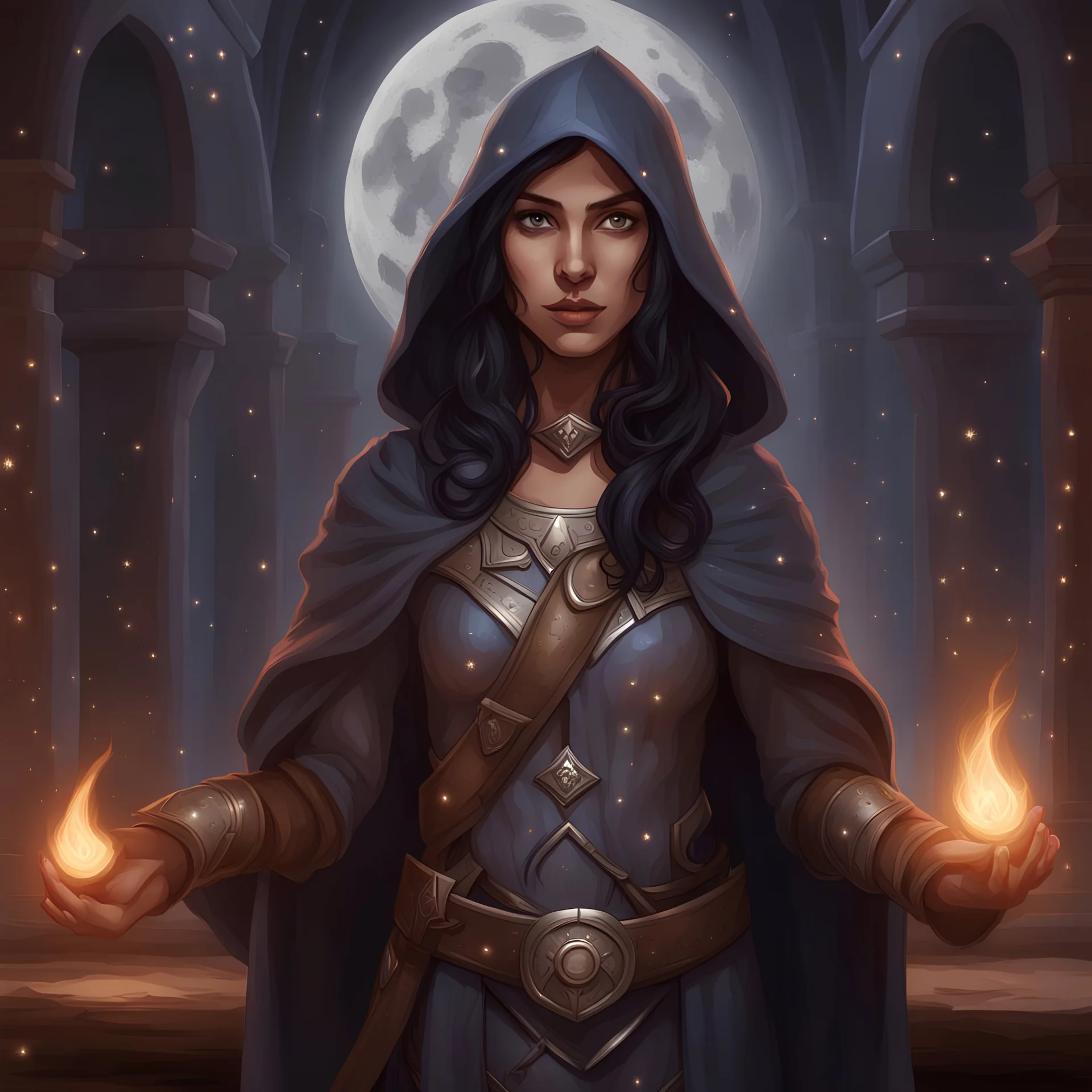 Generate a dungeons and dragons character portrait of a female elf with tan skin and dark hair, who is a cleric of the moon, recolor image in white, silver and slate blue with a starry celestial theme