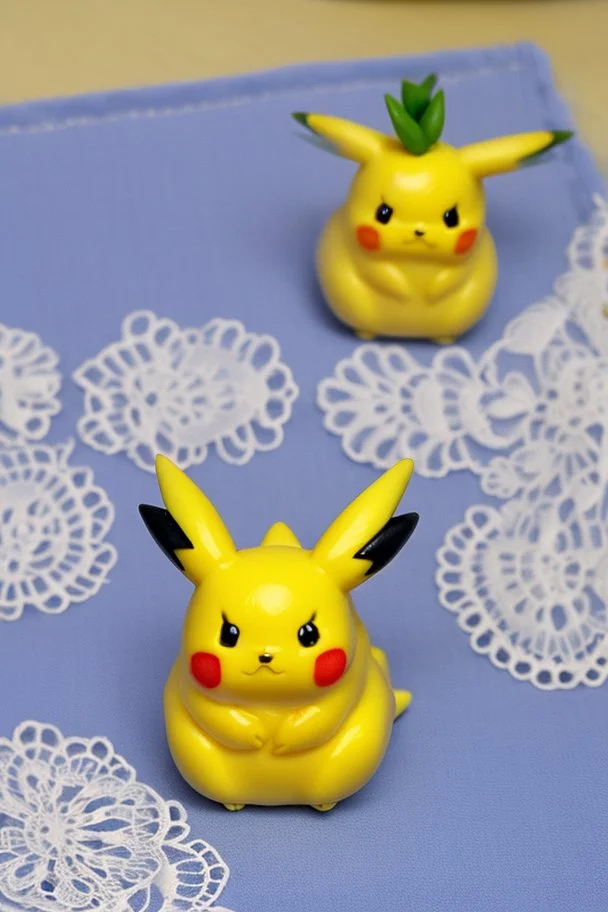 cute and nice faced marzipan Pikachu on a lace blanket on a kitchen table