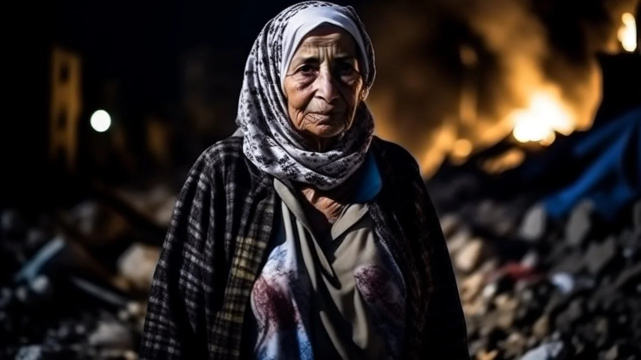 Palestinian old woman wears the keffiyeh , Carrying a small city ,at summer , Destroyed Buildings , with a Explosions, at night