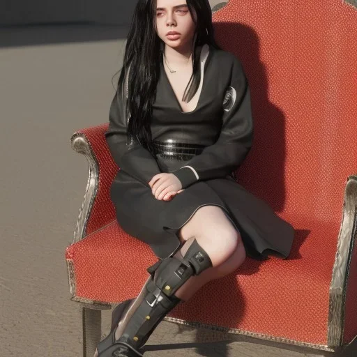 Billie Eilish, sitting on a chair, Black Short Dress, high detail, realistic