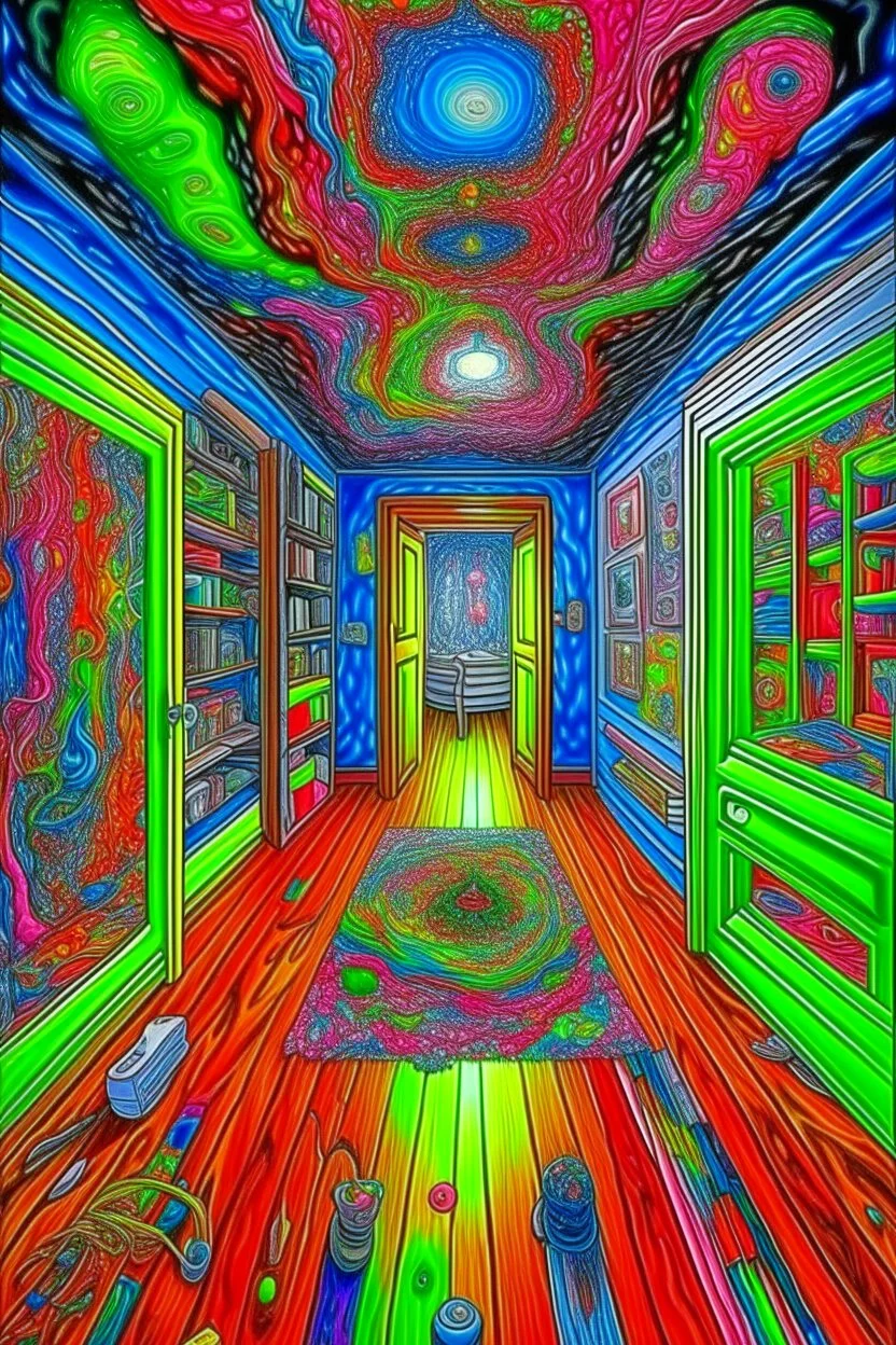 in a room with many doors and corridors and mirrors on a psycodelic acid trip heading out of the 5th dimension into space time where all material is warping seeing strange every day household items melting with the speed of light