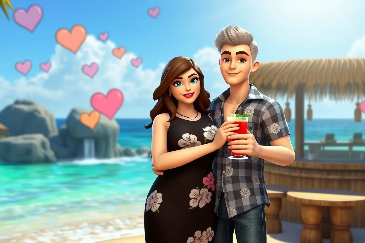 3D video game characters, a brown-haired blue-eyed plus sized woman in a black dress with white and pink flowers hugging a short silver haired thin man with brown eyes, wearing blue-white-black checkered shirt and jeans at the beach in sunshine, tiki bar, cocktails, hearts, waterfall, happiness