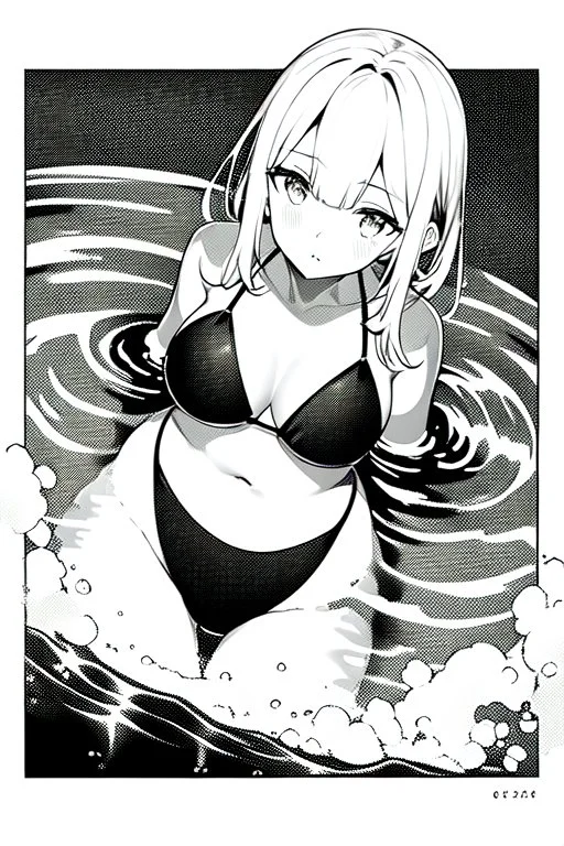 slim girl in a bikini floats in the water, top view, greyscale