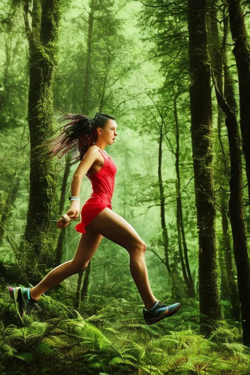 woman in forest, mid shot, running away from, slipped, wet,