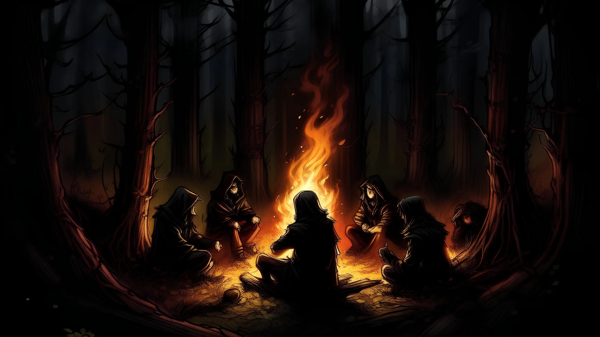 **Chapter Description: “Echoes of Fear: Storytelling in the Darkness of the Woods”** Friends gather around a blazing fire in the middle of the bloody night, where the flames speak the language of darkness and the pages of the history of the abandoned forest turn. The flames cast terrifying lights that shadow their faces, revealing a tension that suggests the scary stories that fill the night. Friends line up next to each other, surrounded by their echoes and the dark shadows of trees. Someone