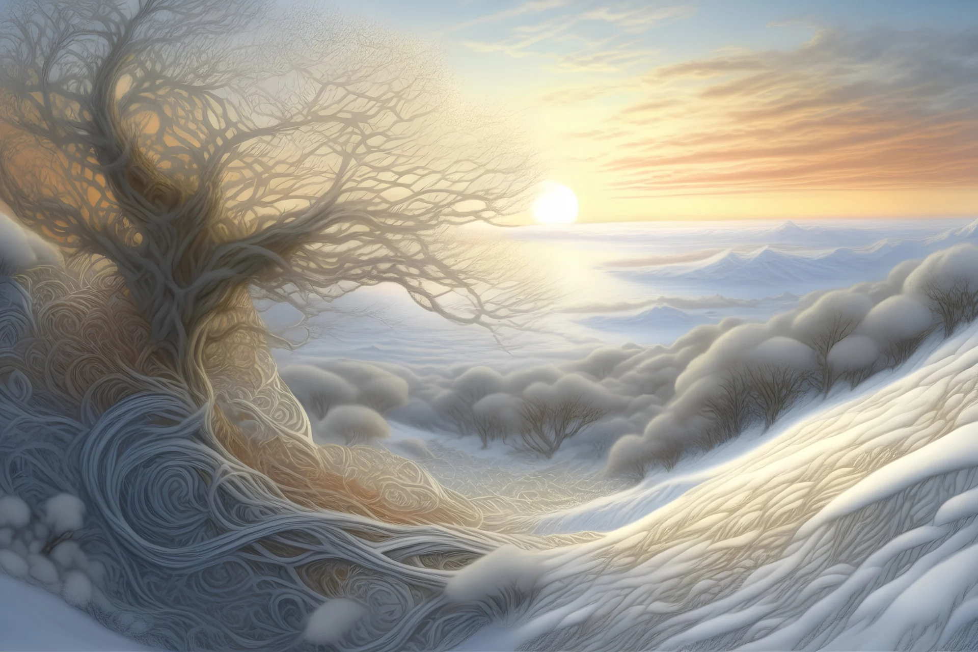 Winter, wind, white sunset, zentangle style art, 3D, highly detailed, digital painting, photorealistic, colorful. oaward winning, fantastic view, 4K 3D, hdr, matte background, pencil sketch, Ultra realistic. Cameron Gray. Dmitry Vishnevsky. Dominic Davison. Josephine Wall