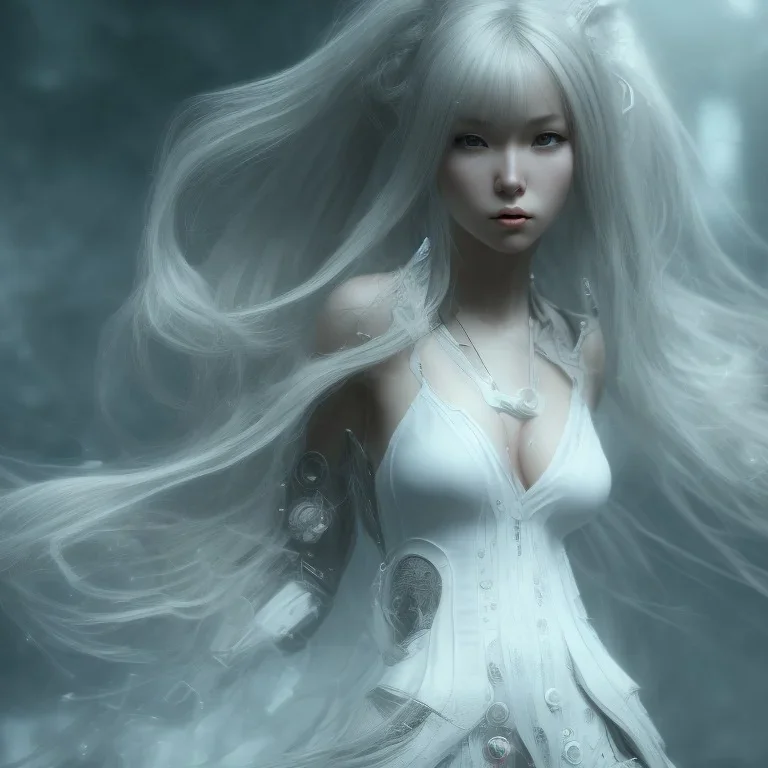 hitomi tanaka, dress white, long black hair, realistic, intriacte detail, sci-fi fantasy style, volumetric lighting, particales,highly detailed,cinamatic, deep colours,8k