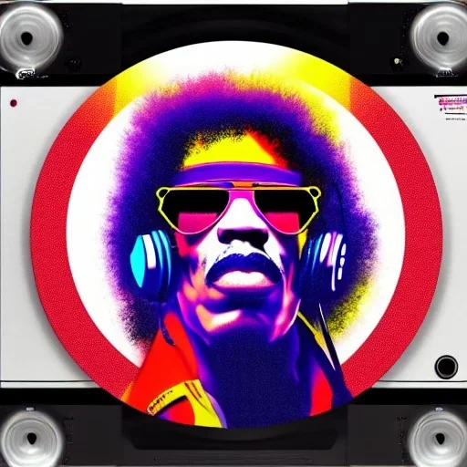 a realistic portrait of Jimi Hendrix at a turntable with headphones on being a DJ, vivid color, with sunglasses